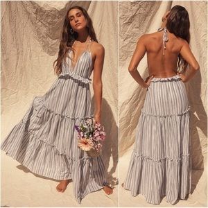 Lulu’s Vacay Babe Grey Striped Halter Maxi Dress